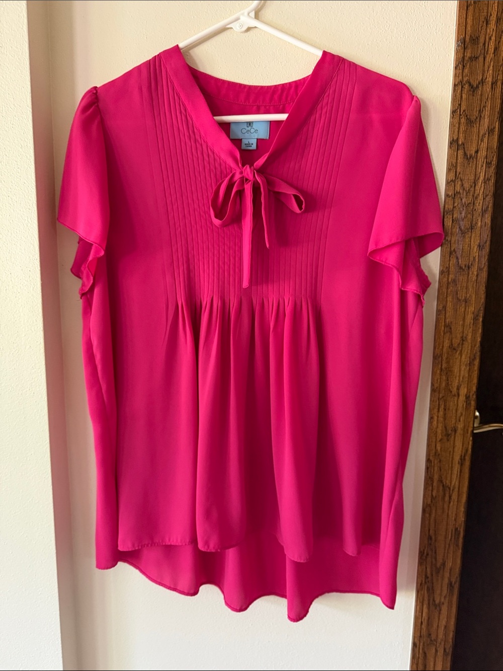 CeCe Bright Fuchsia Tie-Neck Pintuck Blouse